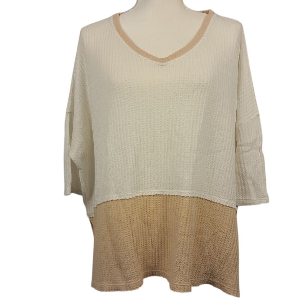 WE THE FREE XS Waffle‎ Knit Tunic Top V-Neck Dolman Sleeve Beige Cream Oversized